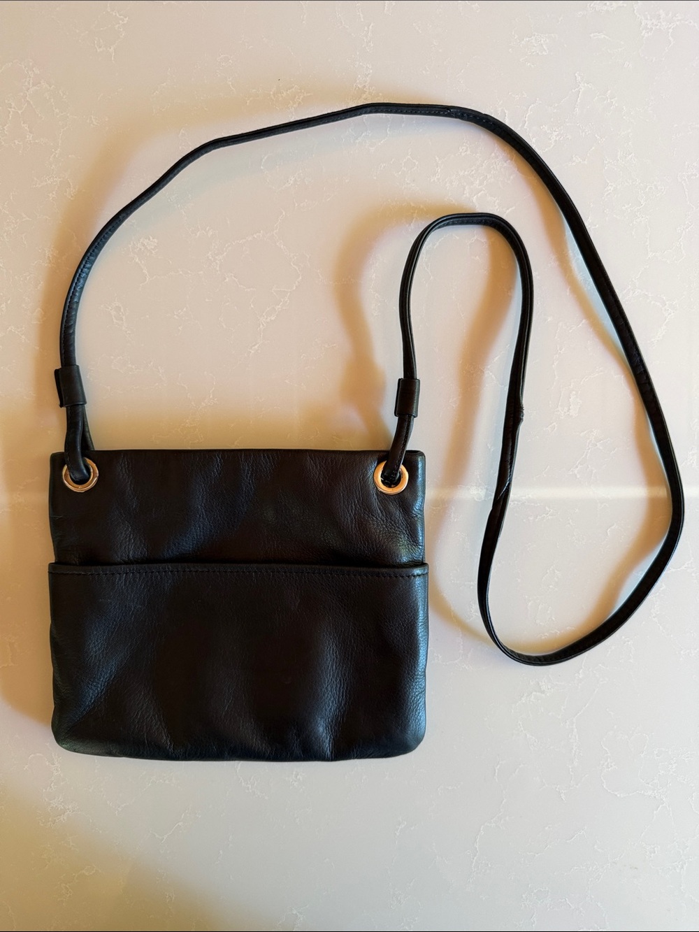 margot Soft Black Leather Crossbody with silver-Tone Grommets